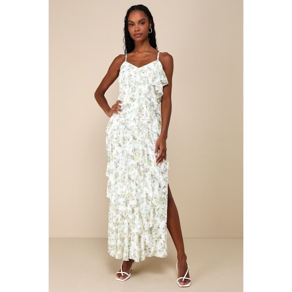 Lulus Feeling Flouncy Ivory Floral Print Tiered Ruffle Maxi Dress White - Size M
